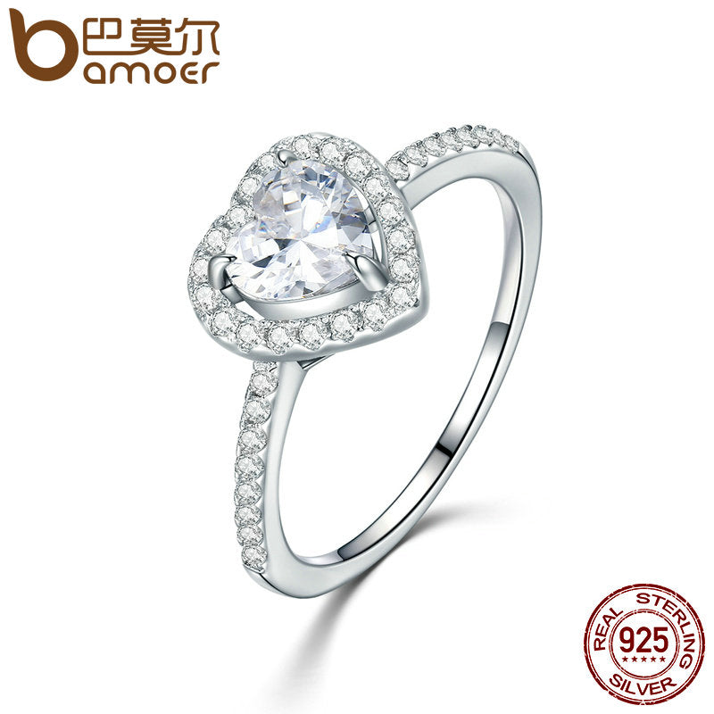 BAMOE Genuine 925 Sterling Silver Love Heart Finger Rings for Women With AAA Zircon Engagement Rings Fashion Jewelry SCR052