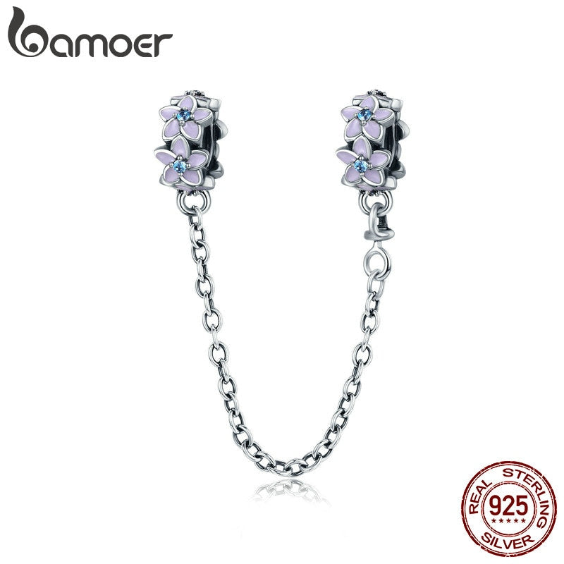 BAMOER-100-925-Sterling-Silver-Purple-Enamel-Daisy-Flower-Safety-Chain-Stopper-Charm-fit-Charm-Bracelet