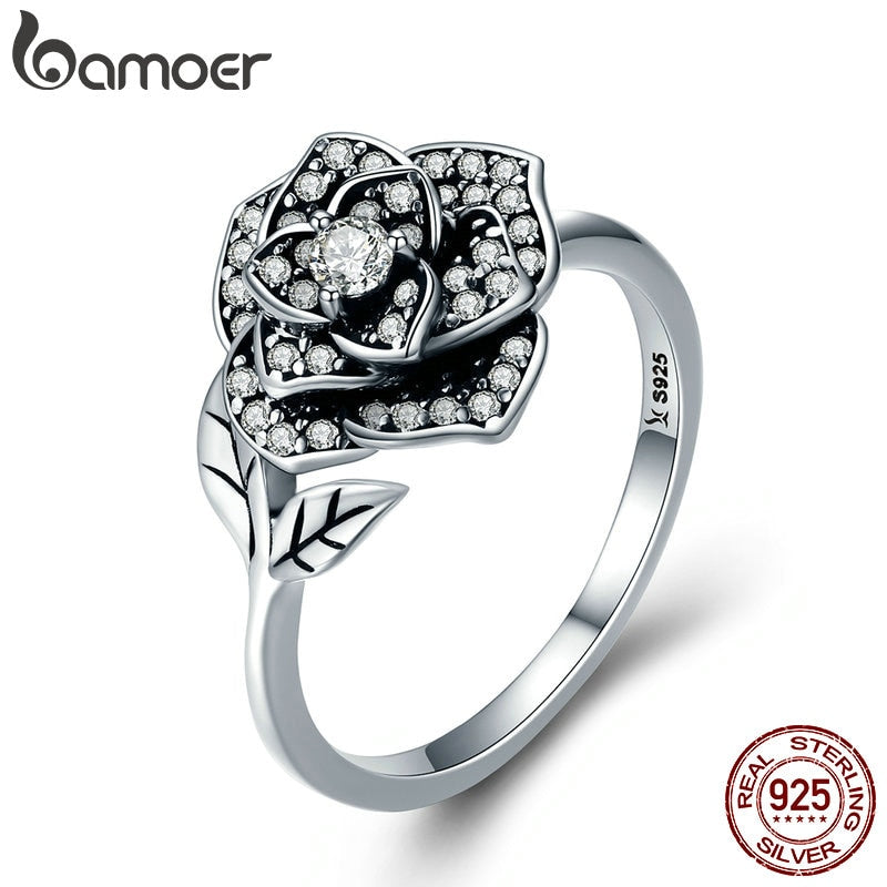 100% 925 Sterling Silver Rose Flower Dazzling CZ Tree Leaf Finger Rings for Women Wedding Engagement Jewelry Gift SCR382