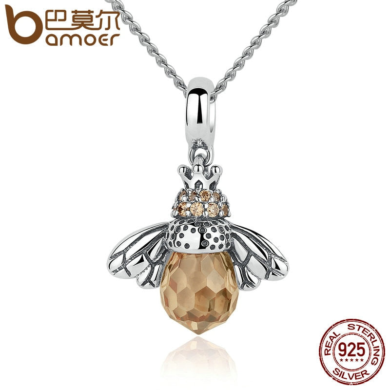 925 Sterling Silver Lovely Orange Bee Animal Pendants Necklace for Women Fine Jewelry CC035