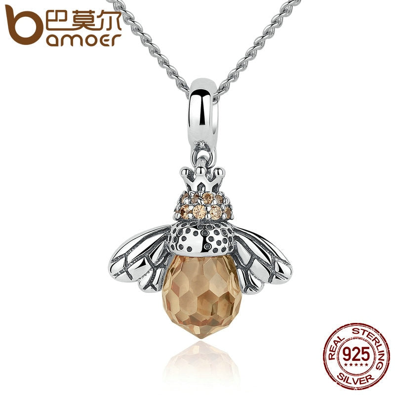 925 Sterling Silver Lovely Orange Bee Animal Pendants Necklace for Women Fine Jewelry CC035