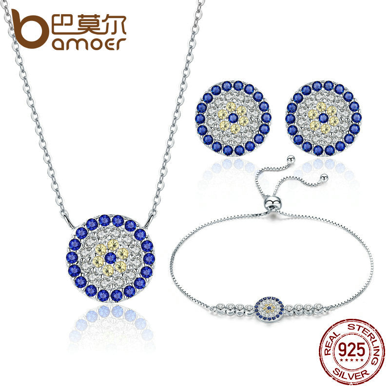 Authentic 925 Sterling Silver Round Blue Eyes Clear CZ Tennis Bracelets Necklaces Earrings Women Bridal Jewelry Sets