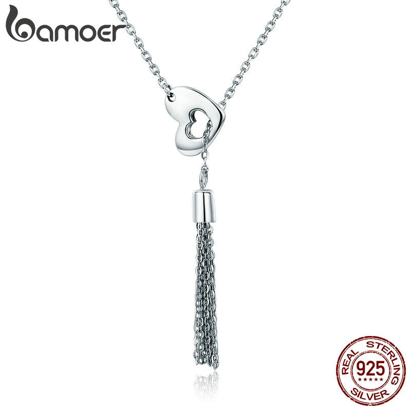 Genuine 100% 925 Sterling Silver Heart Long Chain Tassel Pendant Necklaces for Women Sterling Silver Jewelry Gift SCN214