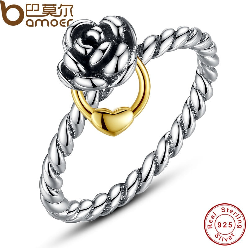 Genuine 925 Sterling Silver Finger Ring with Gold Color Heart Charm for Women Wedding Sterling Silver Jewelry PA7113