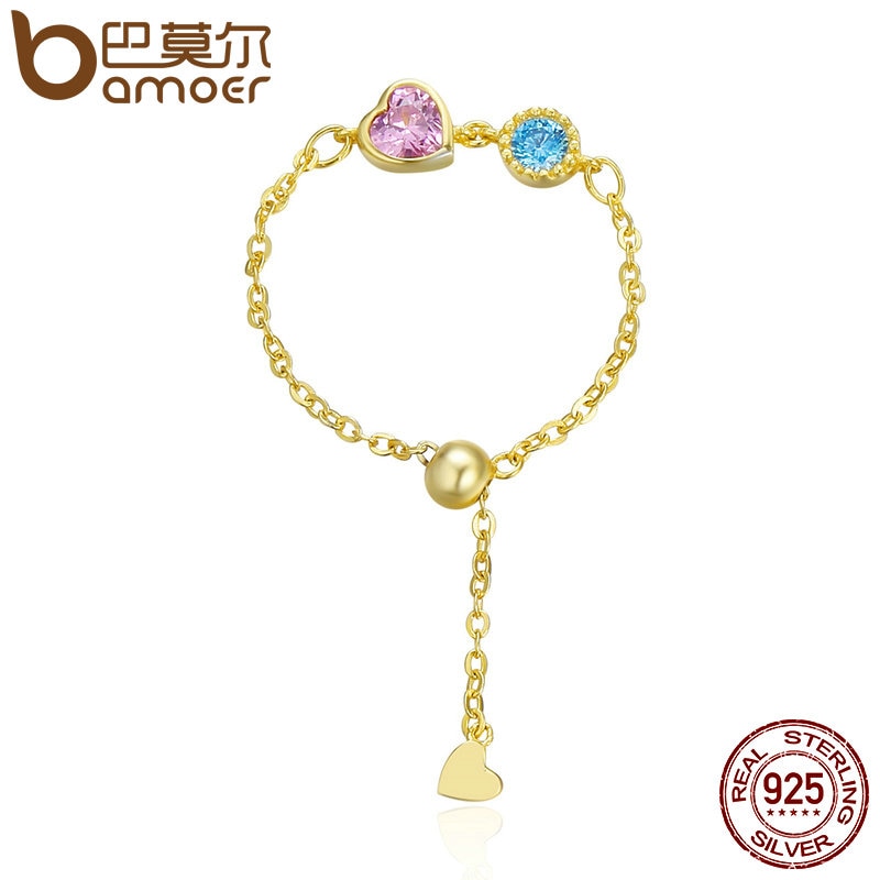 Genuine 925 Sterling Silver & Gold Color Heart Crystal Chain Rope Finger Rings Women Authentic Silver Jewelry Anel SCR090