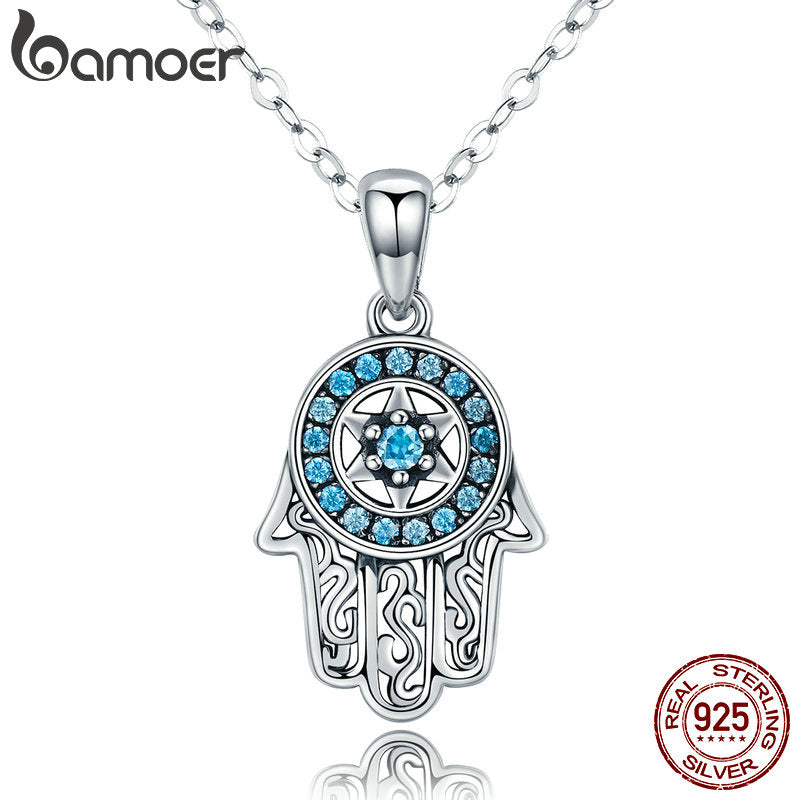Genuine 925 Sterling Silver Trendy Fatima's Guarding Hand Pendant Necklaces Women Fine Silver Jewelry Gift SCN264