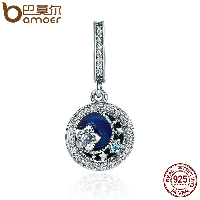 BAMOER-High-Quality-100-925-Sterling-Silver-Moonlit-Star-Blue-Enamel-Pendant-Charm-fit-Charm-Bracelet