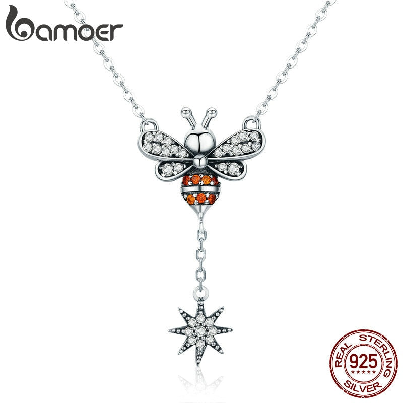 Hot Sale 100% 925 Sterling Silver Fashion Bee Clear CZ Snowflake Pendant Necklaces Women Sterling Silver Jewelry SCN221