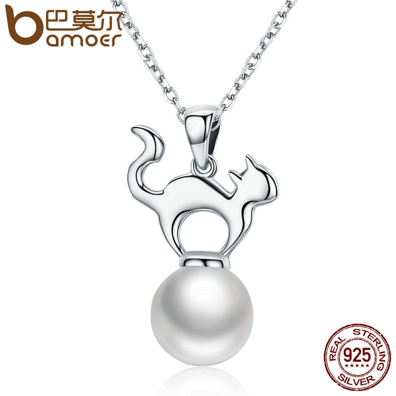 New Arrival 925 Sterling Silver Cute Cat Simulated Pearl Pendant Necklaces Women Sterling Silver Jewelry Brincos SCN095