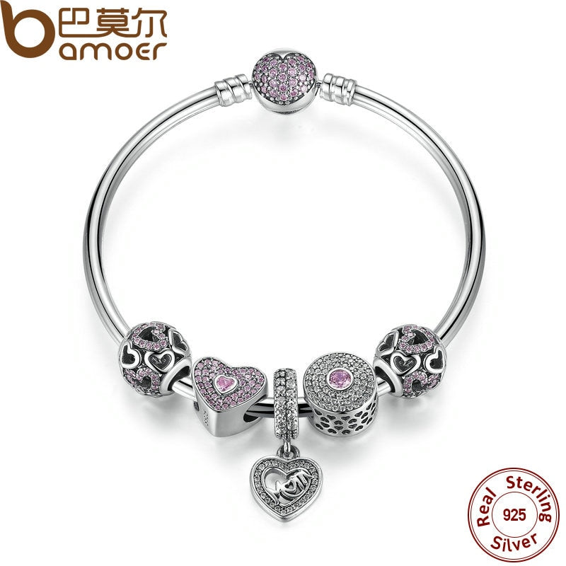 Original 925 Sterling Silver Heart Bangles & Bracelet with Mom Pendant,Pink Sweetheart Charm Best Gift for Mother PSB002