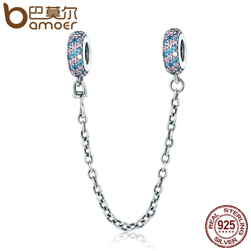 BAMOER-Real-100-925-Sterling-Silver-Pink-and-Blue-CZ-Round-Safety-Chain-Charm-Fit-Charm