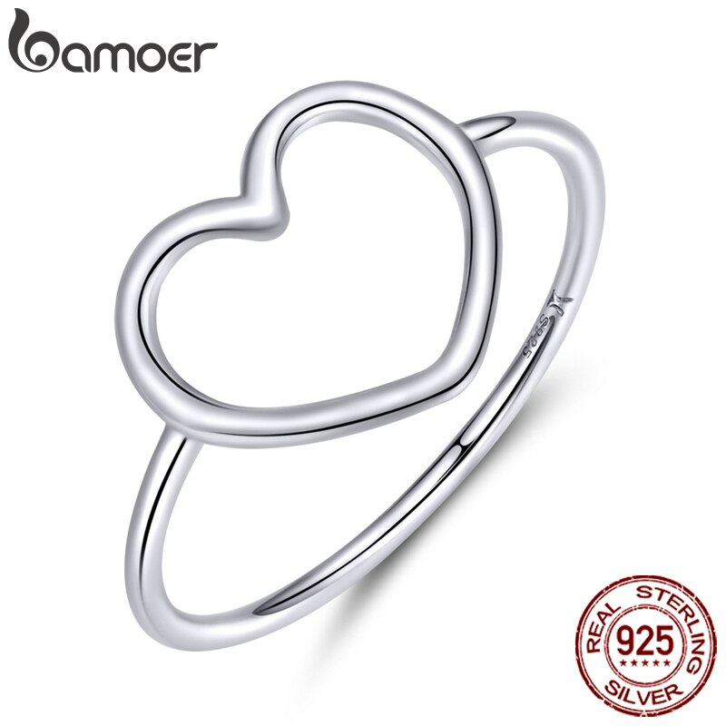 BAMOER Sterling Silver 925 Simple Minimalist Heart Finger Rings for Women Wedding Engagement Statement Jewelry SCR641