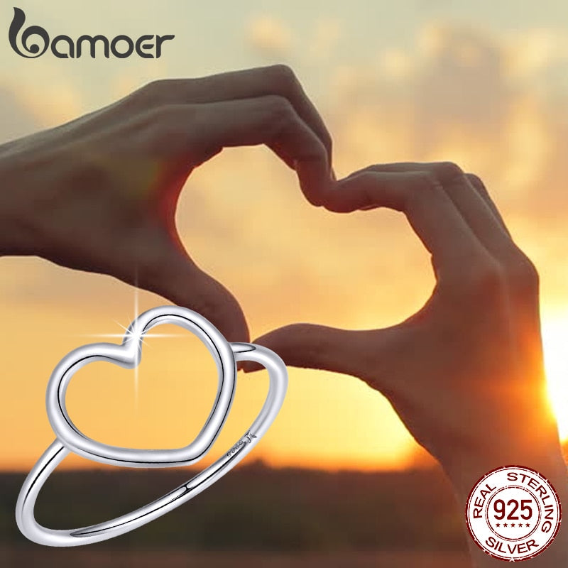 BAMOER Sterling Silver 925 Simple Minimalist Heart Finger Rings for Women Wedding Engagement Statement Jewelry SCR641