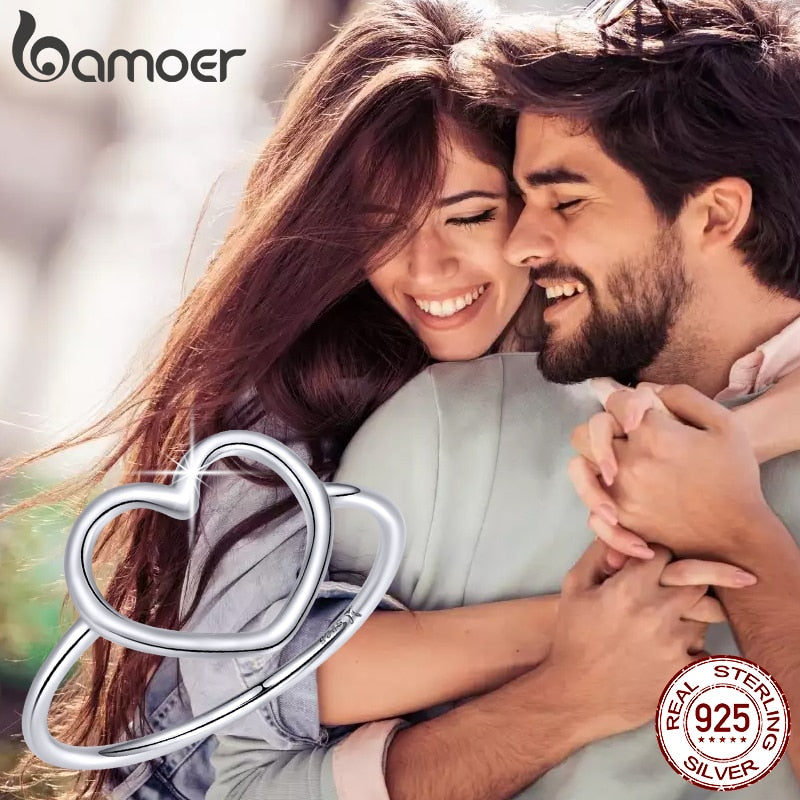 BAMOER Sterling Silver 925 Simple Minimalist Heart Finger Rings for Women Wedding Engagement Statement Jewelry SCR641
