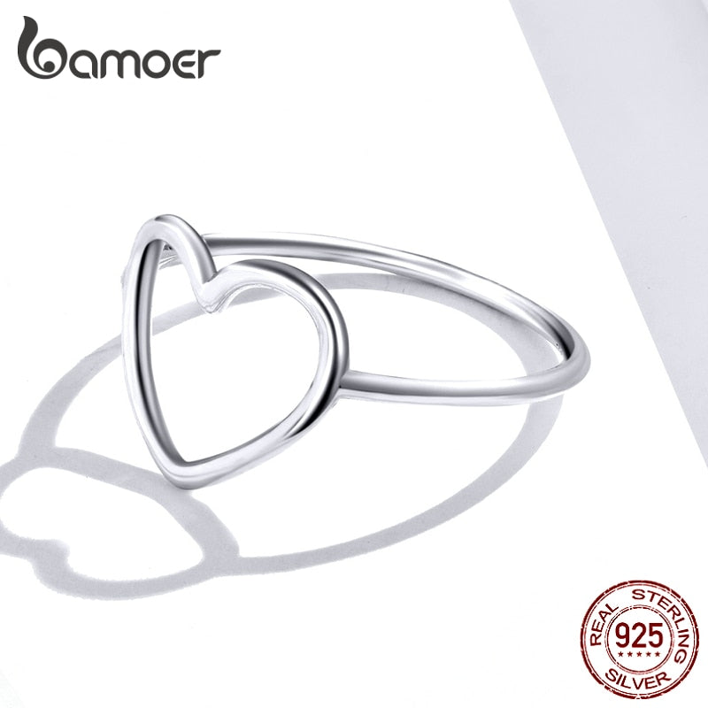 BAMOER Sterling Silver 925 Simple Minimalist Heart Finger Rings for Women Wedding Engagement Statement Jewelry SCR641