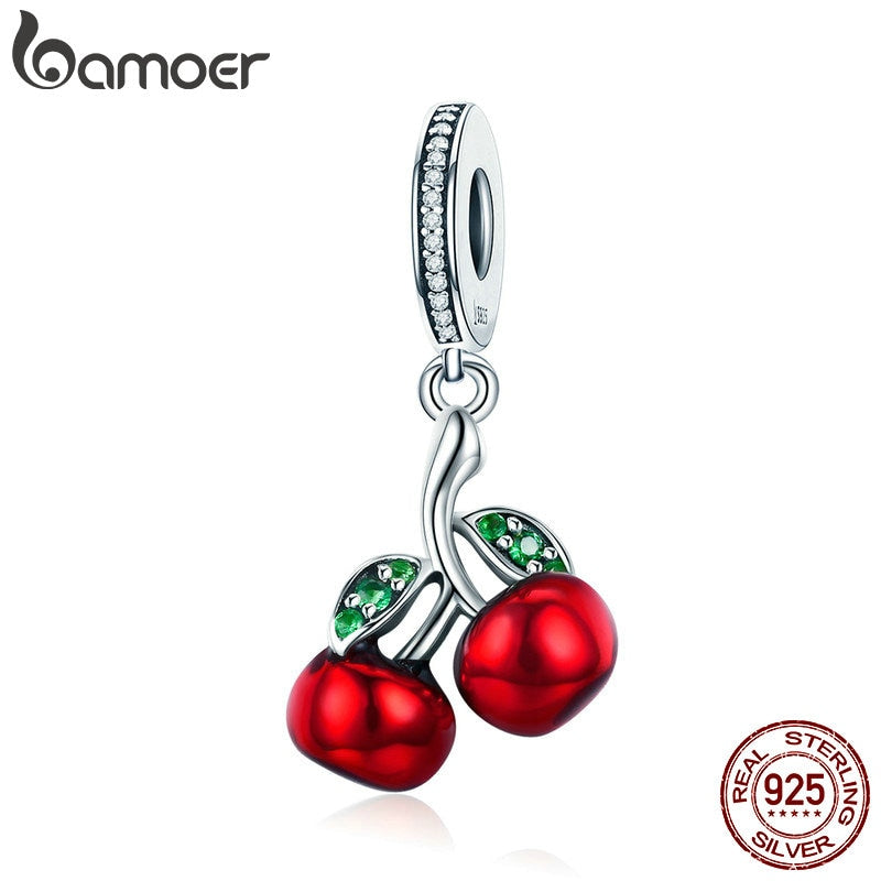 Trendy 925 Sterling Silver Fruit Red Enamel Cherry pendant Charm Fit Women Bracelets & Necklaces Fashion Jewelry SCC784
