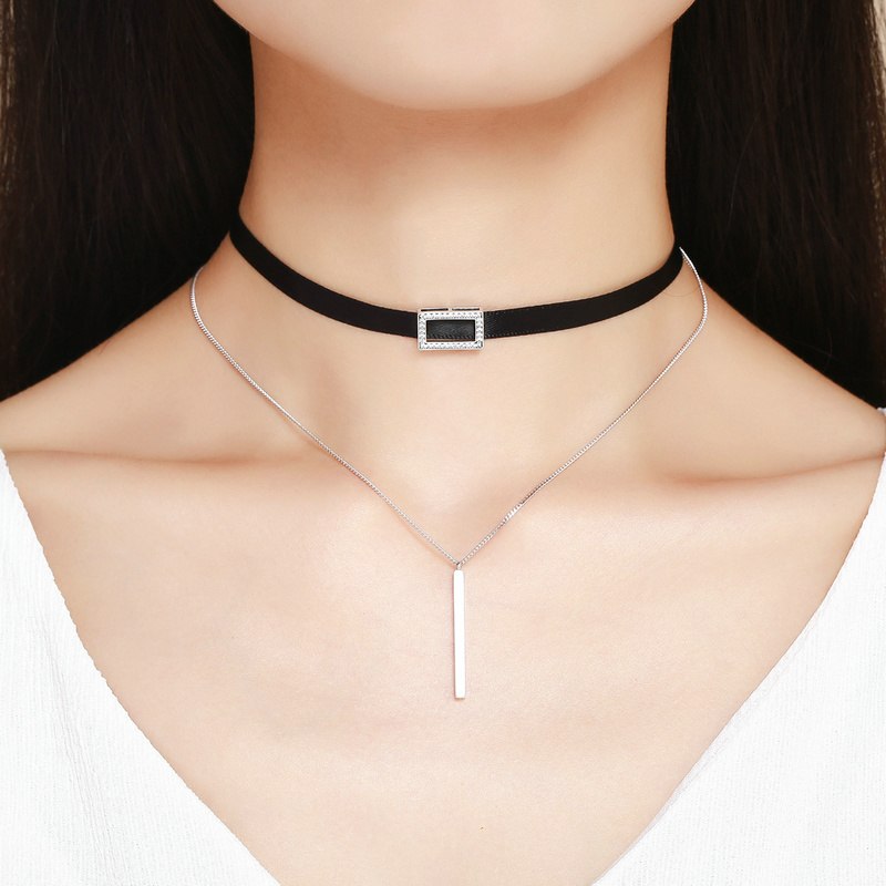 BAMOER Trendy Double Layer 925 Sterling Silver & Black Braid Bar Square Chokers Pendant Necklaces Femme Collar Jewelry SCN080