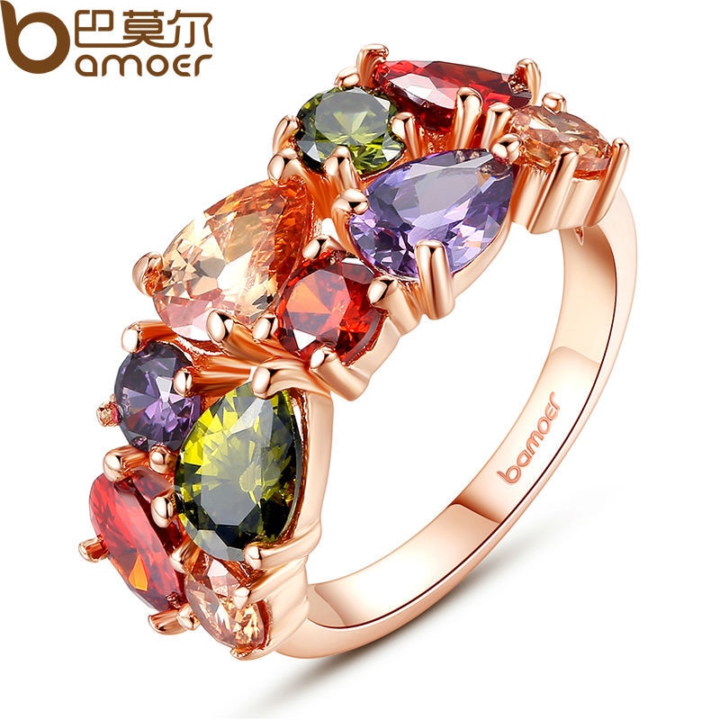 Unique Design Rose Gold Color Mona Lisa Ring for Female Wedding with AAA Colorful Cubic Zircon Bijouterie JIR052