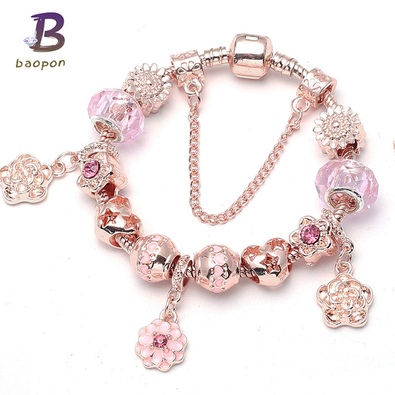 Rose Gold Color Flower Charm Bracelets & Bangles For Women With Crystal Beads Pandora Bracelet Femme Brand Jewelry