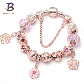 Rose Gold Color Flower Charm Bracelets & Bangles For Women With Crystal Beads Pandora Bracelet Femme Brand Jewelry