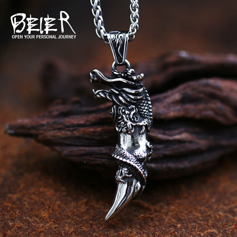 BEIER 316L Stainless Steel Domineering Dragon tooth Necklace  Pendant Classic Animal Dragon House Men's Animal Chorker BP8-644