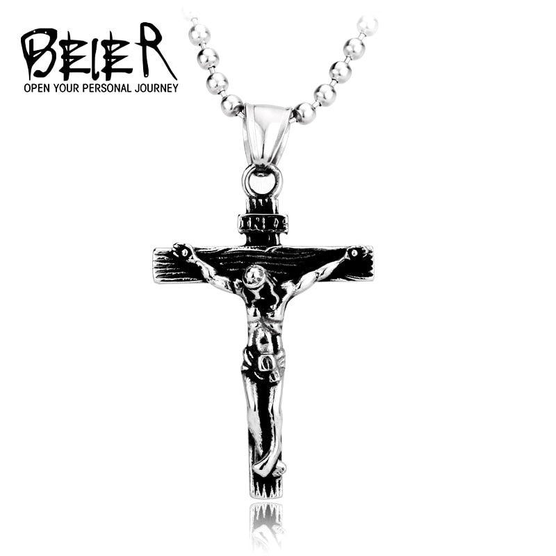 BEIER Christ Jesus Pendant Necklace 316L Stainless Steel Cross Chain Heavy Men Jewelry Gift Religious Jewelry  BP8-083