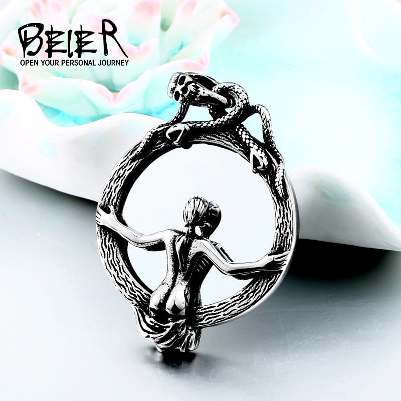 BEIER Men Pendant Necklace with Stainless Steel Magic Mirror Snake Wrapped Skull Clasp Chain Sexy women  BP8-376