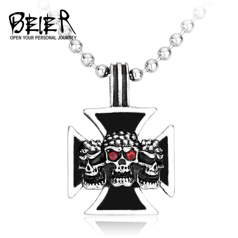 BEIER  Stainless Steel  Tripl Skull Cross With red eye Pendants Necklace Punk jewelry for man BP8-116