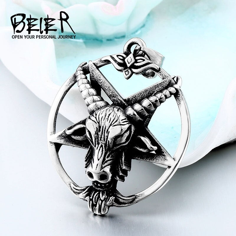 BEIER Stainless steel  Pentagram Pan God Skull Goat Head Pendant Necklace Satanism Occult Metal Vintage Star for Man BP8-342