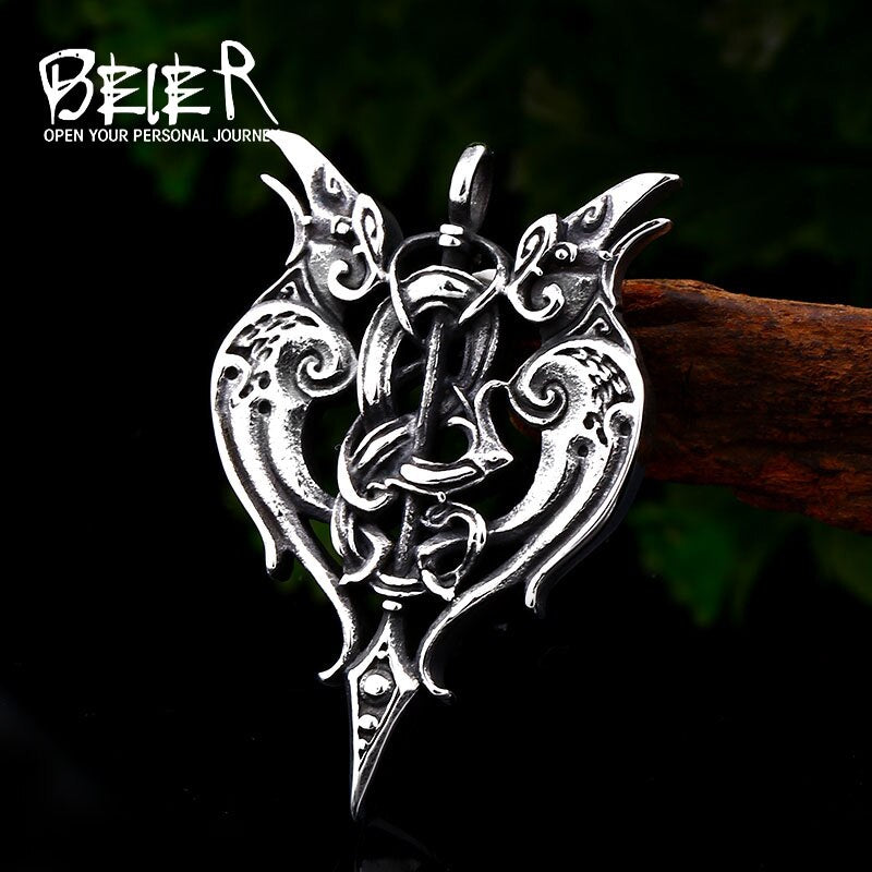 BEIER Viking jewelry Stainless steel thor's hammer mjolnir Double Birds Animal Rams Head pendant necklace BP8-456