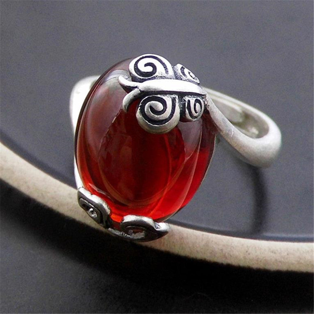 Fashion 100% S925 Sterling Thai Silver Red Corundum Garnet Butterfly Pattern Open Unisex Jewelry Ring