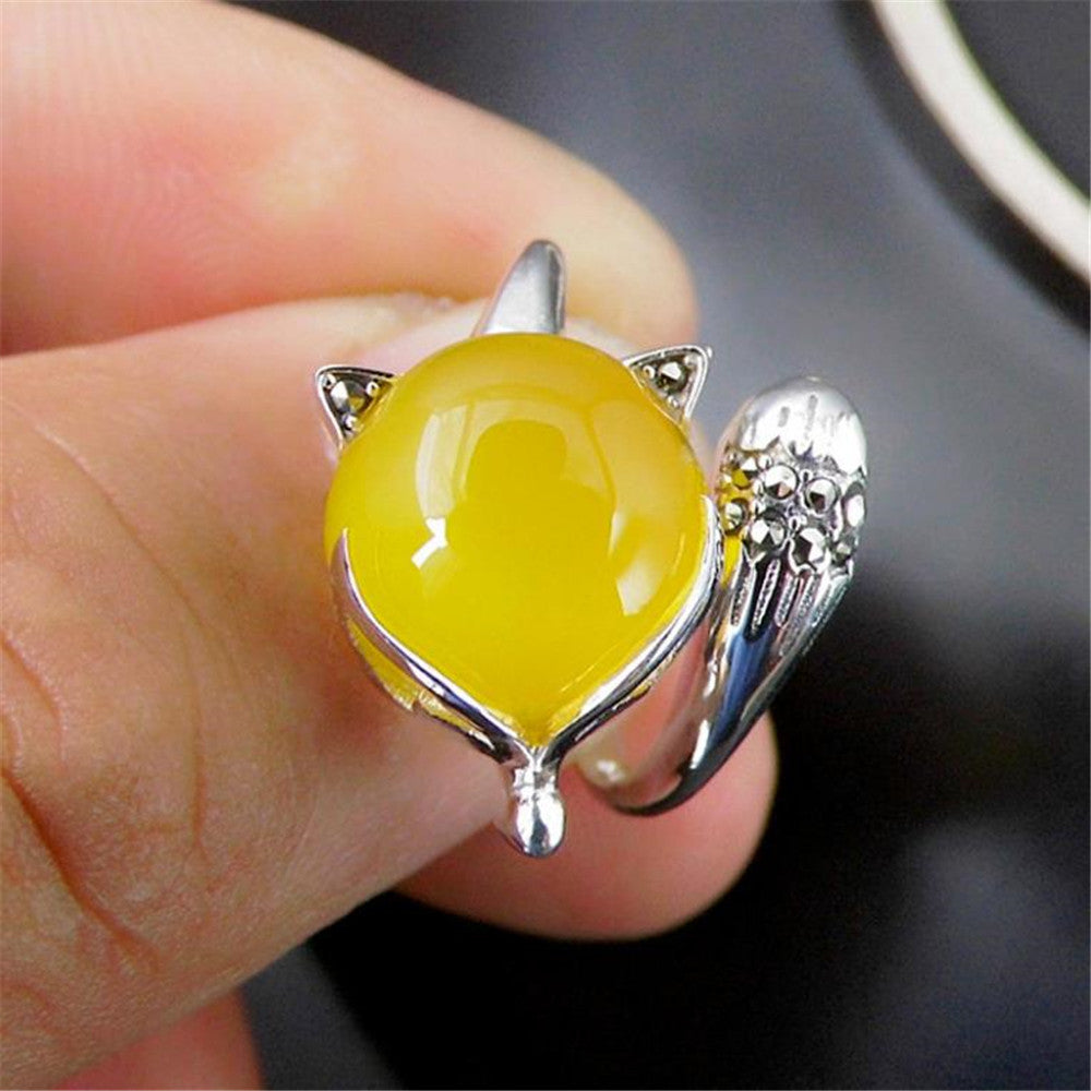 Fashion100% S925 Sterling Silver Thai Silver Round Yellow Agate fox opening ring Fine Jewelry