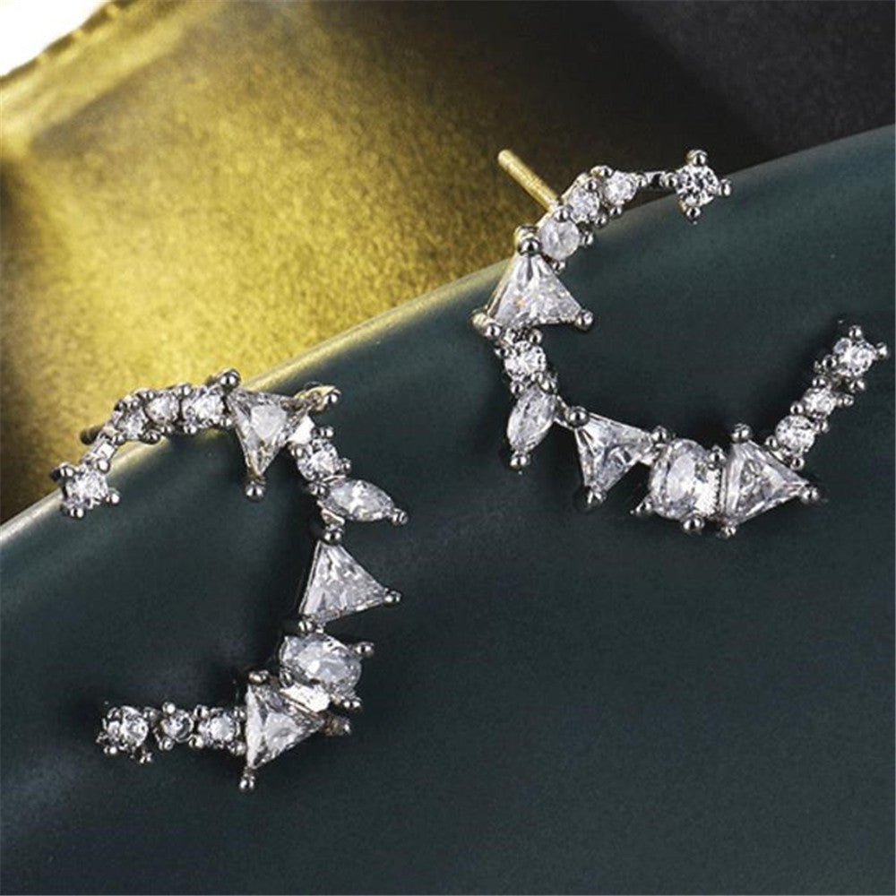 S925 Delicate Romance Brand Jewelry Crystal Stud Earrings For Women Tiny Simple Irregular Moon Earrings Christmas Gift