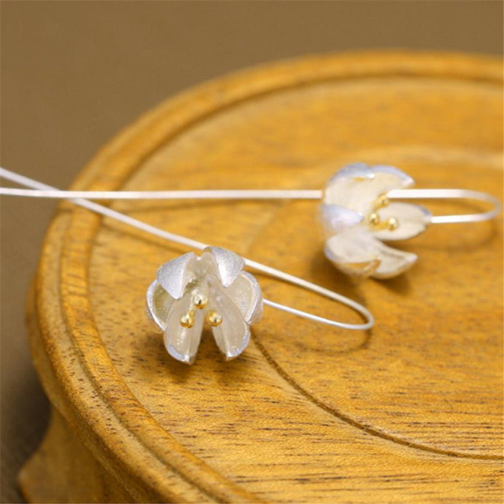 S925 Sterling Silver Lotus Flower Earrings Fashion long Drop Earring High Quality Elegant Lady's Accessories
