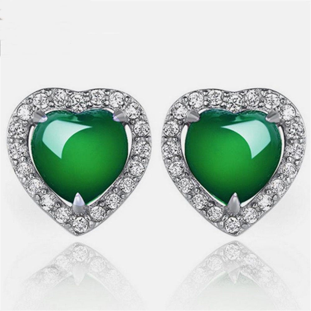 Women's 925 pure silver Green Chalcedony Stud Earrings Ladies' Sweet Heart-Shaped Retro Silver Jewelry High Quality.