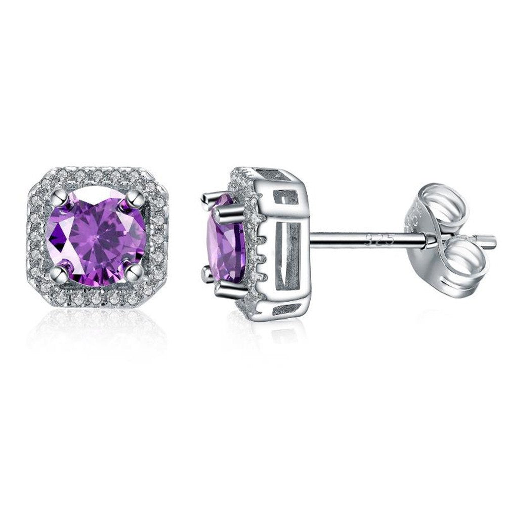 Women's S925 Sterling Silver Inlaid Square AAA Zircon Purple Diamond Stud Earrings Simple Sterling Silver Earrings.