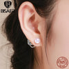 BISAER 925 Sterling Silver Natural White Pearls Naughty Cat Earring Jackets Asymmetry Earrings for Women Fine Jewelry GXE364