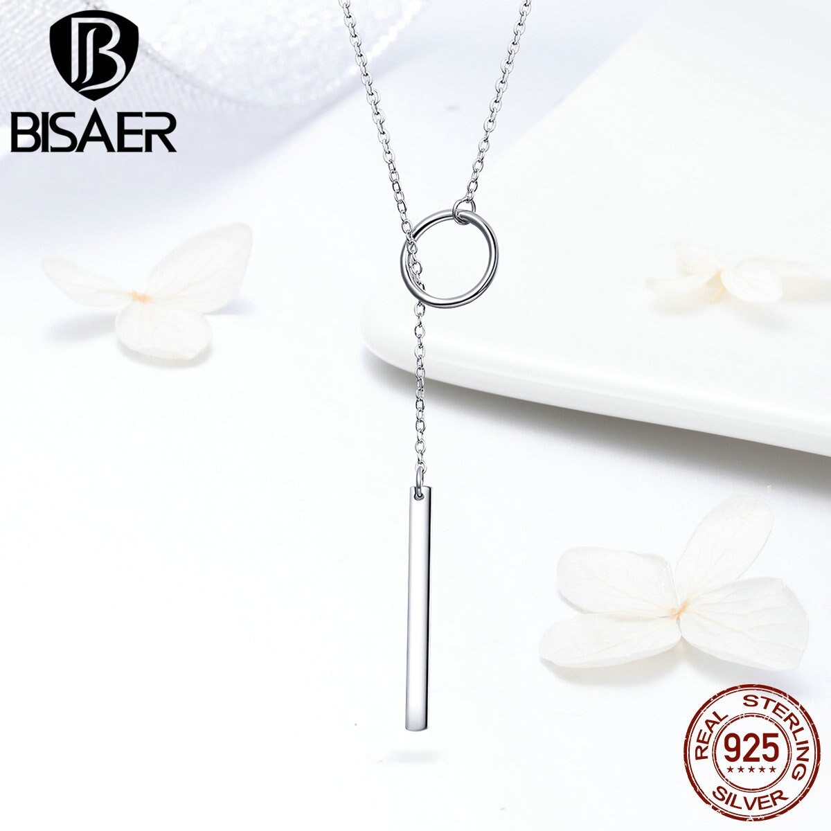 BISAER 925 Sterling Silver Sweater Long Chain Circle Bar Long Necklaces Pendant for Women Sterling Silver Jewelry Collar ECN304