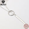 BISAER 925 Sterling Silver Sweater Long Chain Circle Bar Long Necklaces Pendant for Women Sterling Silver Jewelry Collar ECN304