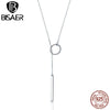 BISAER 925 Sterling Silver Sweater Long Chain Circle Bar Long Necklaces Pendant for Women Sterling Silver Jewelry Collar ECN304