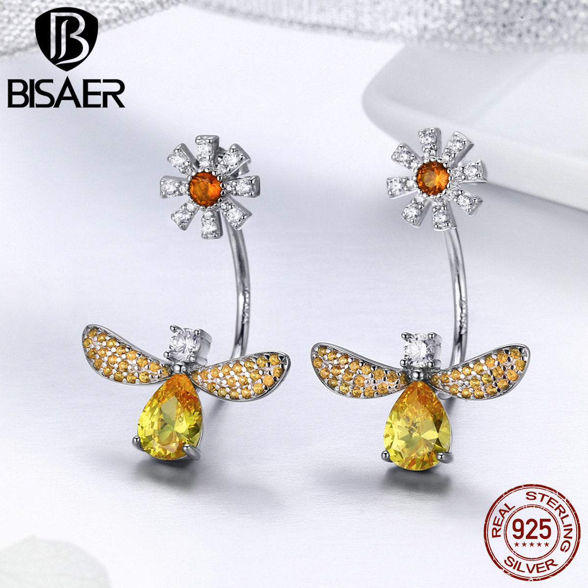 BISAER-925-Sterling-Silver-Yellow-Waterdrop-CZ-Insect-Bees-Earrings-Jackets-for-Women-Wedding-Luxury-Silver