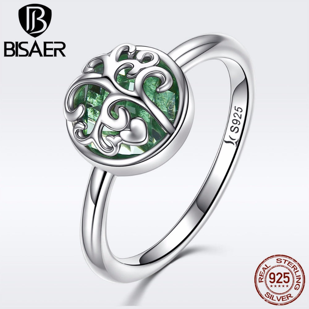BISAER Exclusive 925 Sterling Silver Tree of Life Cheap Finger Rings for Women Green Glass Fashion Wedding Ring Jewelry ECR053