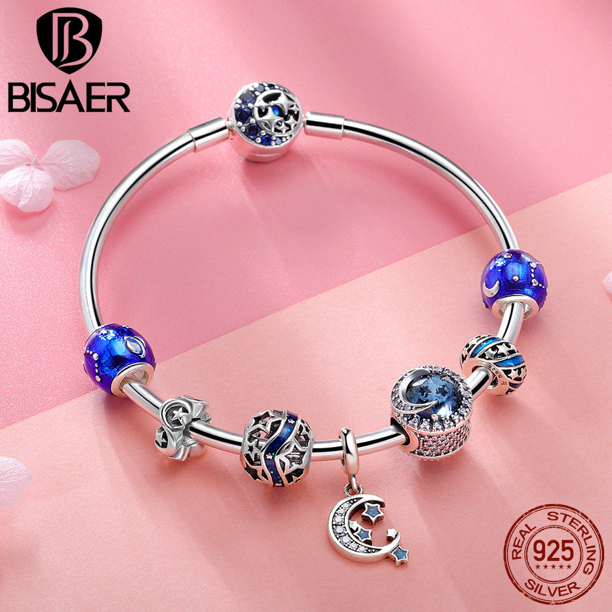 BISAER Genuine 925 Sterling Silver Shining Star Blue Moon Night Collection Brand Charm Bracelet for Women Silver Jewelry GXB801