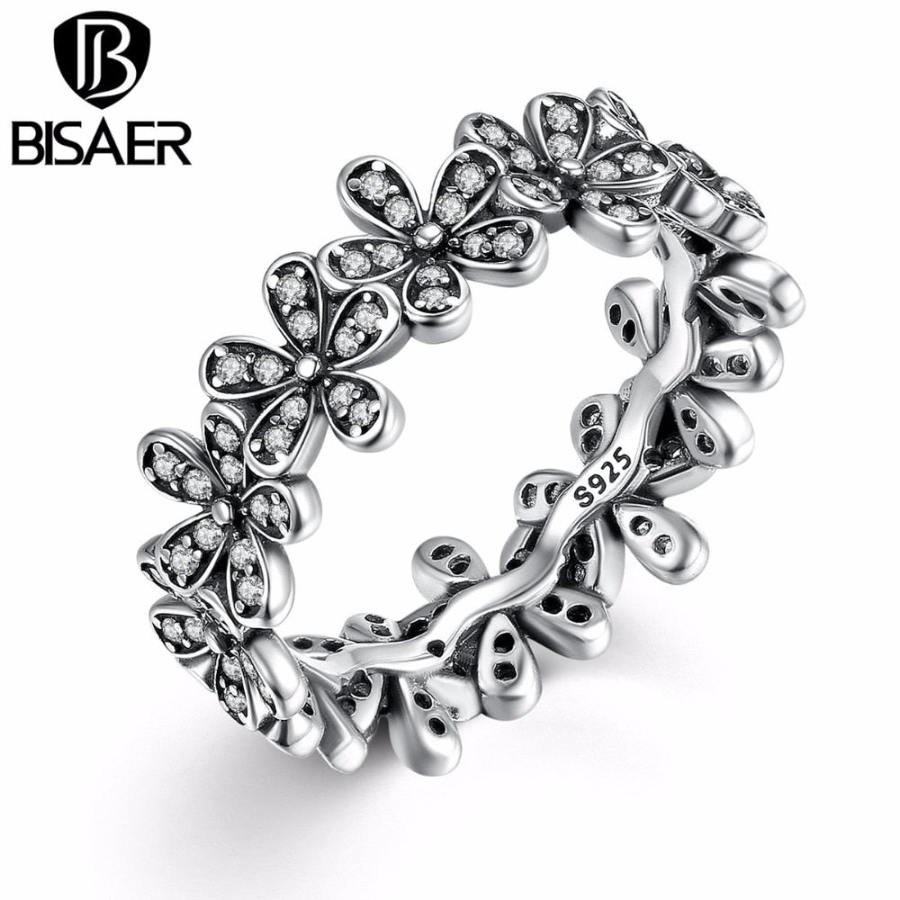 BISAER High Quality Wholesale Silver Heart to Heart Ring AAA Zircon Cheap Rings Women Jewelry Drops WEU7218