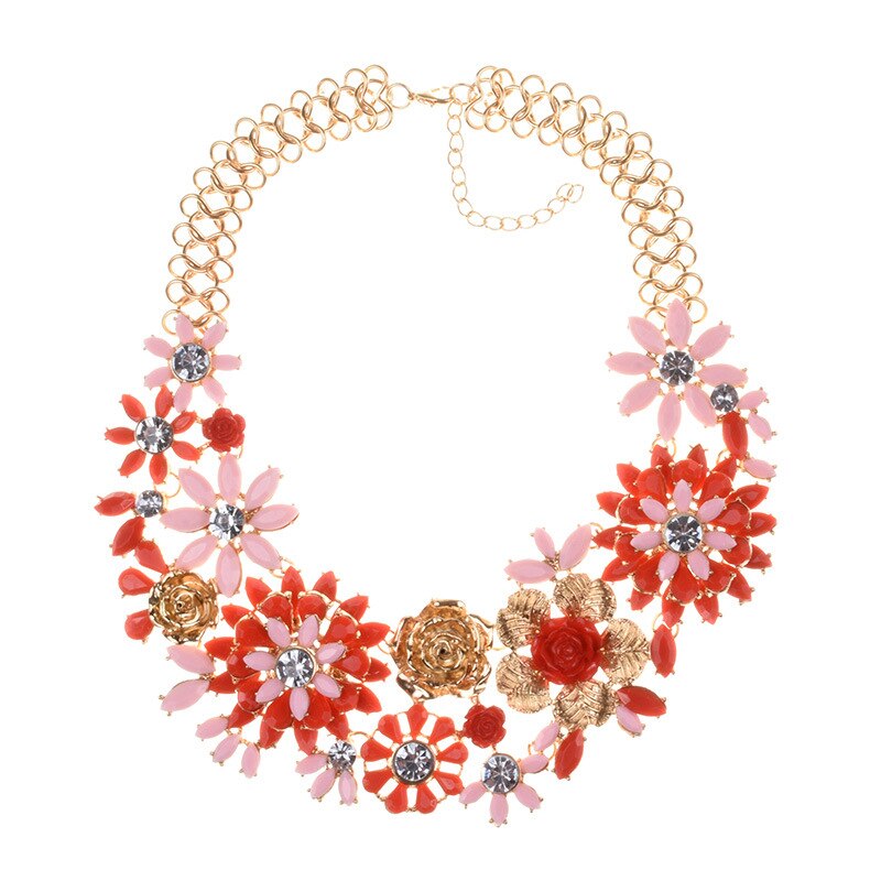 BK Woman Flower Necklace Multi-color Acrylic Crystal Resin Plant Style Collar Chunky Choker Jewelry Bib Chain