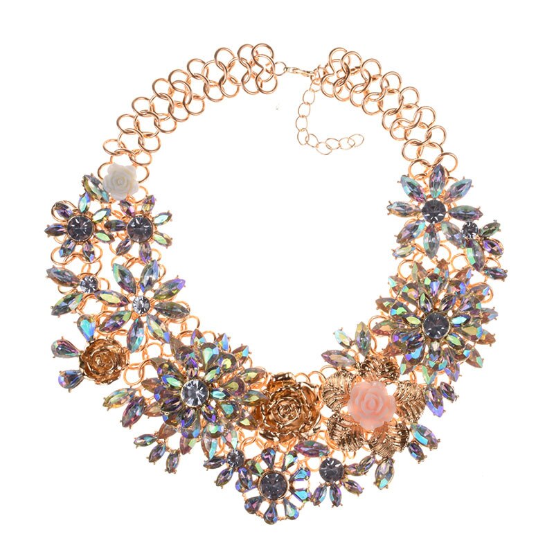 BK Woman Flower Necklace Multi-color Acrylic Crystal Resin Plant Style Collar Chunky Choker Jewelry Bib Chain