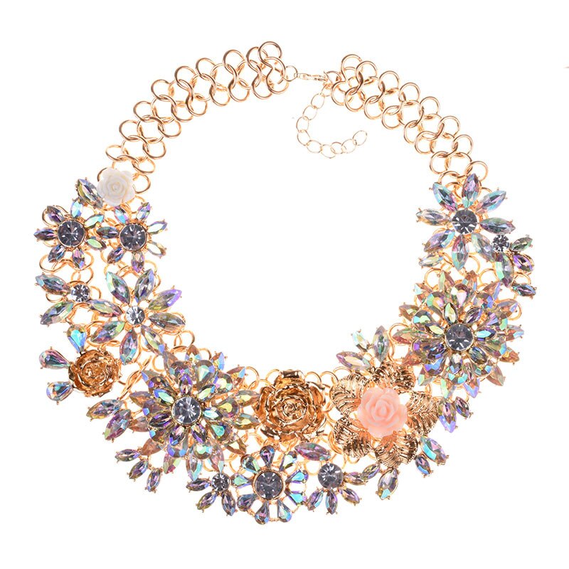 BK Woman Flower Necklace Multi-color Acrylic Crystal Resin Plant Style Collar Chunky Choker Jewelry Bib Chain