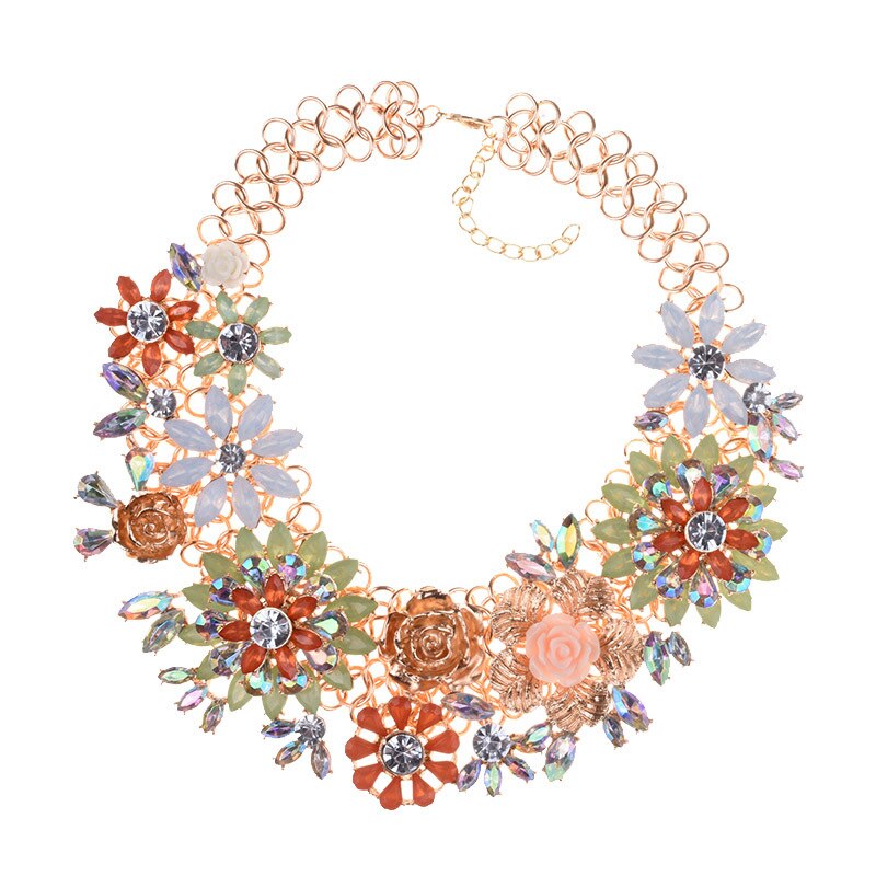 BK Woman Flower Necklace Multi-color Acrylic Crystal Resin Plant Style Collar Chunky Choker Jewelry Bib Chain
