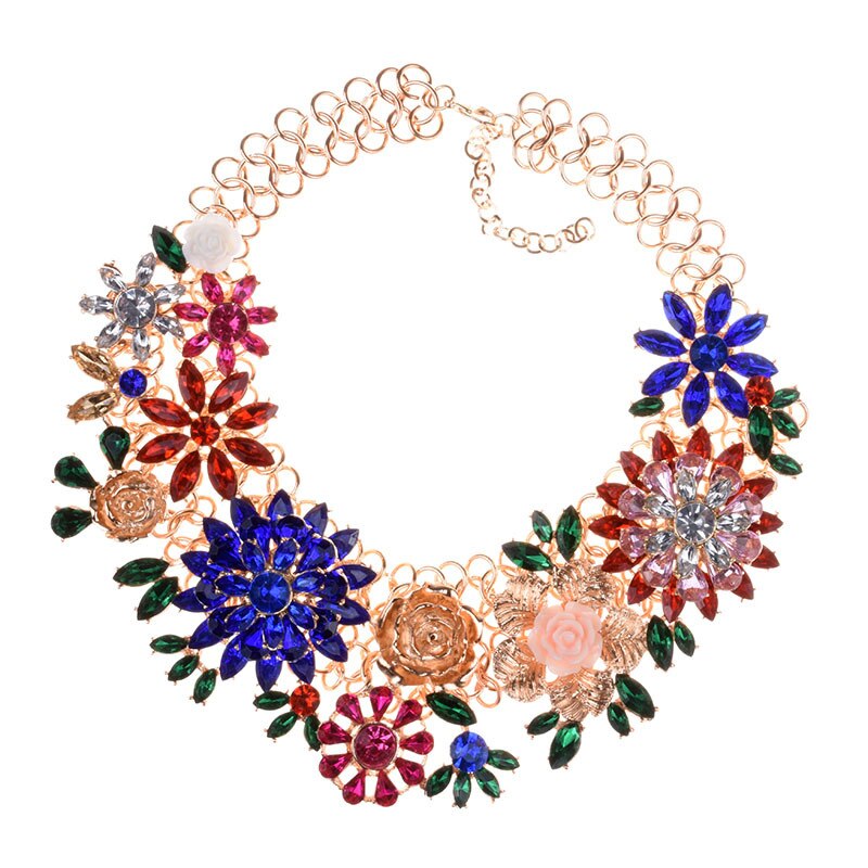 BK Woman Flower Necklace Multi-color Acrylic Crystal Resin Plant Style Collar Chunky Choker Jewelry Bib Chain