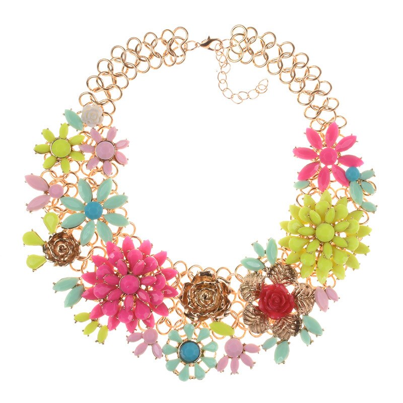 BK Woman Flower Necklace Multi-color Acrylic Crystal Resin Plant Style Collar Chunky Choker Jewelry Bib Chain